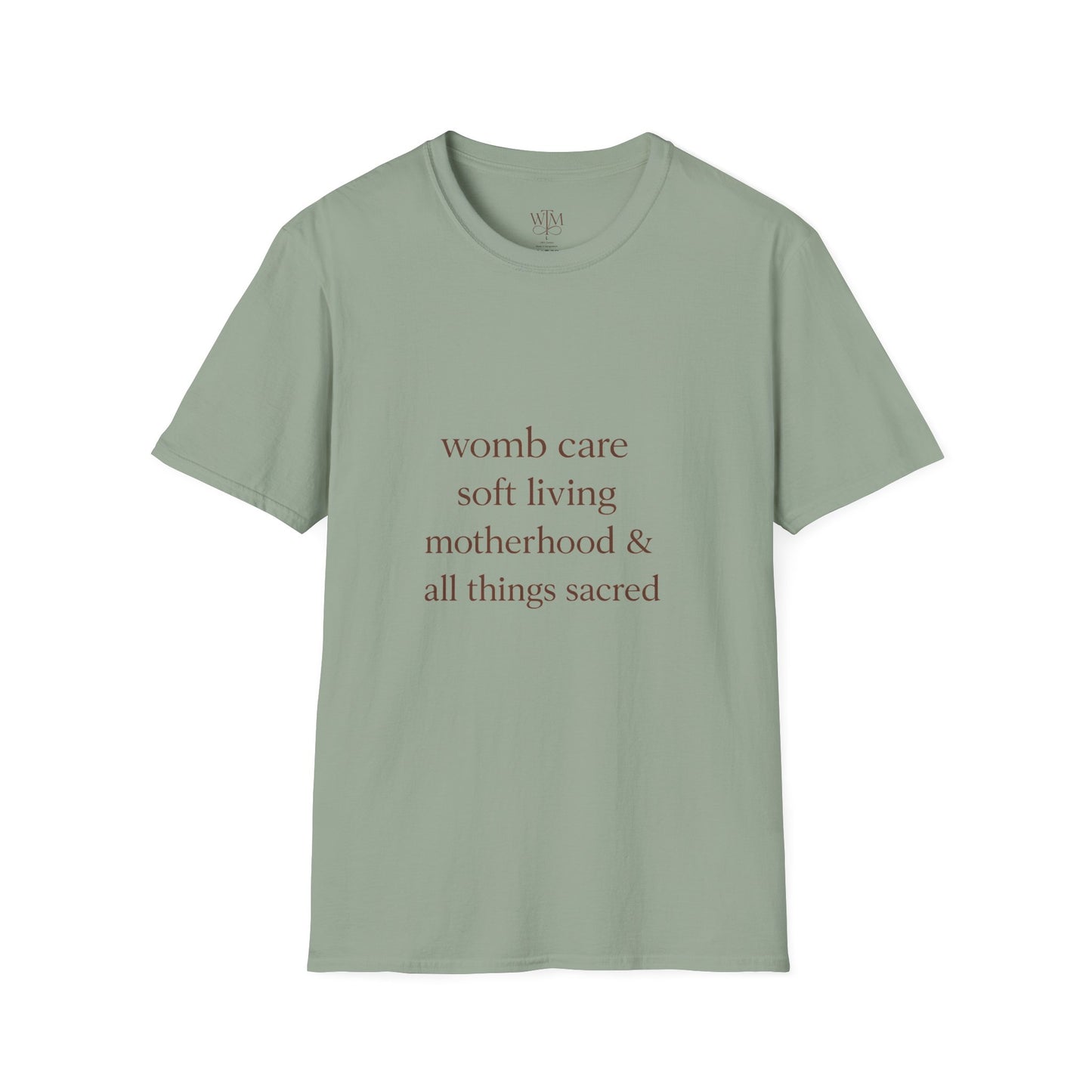 Motherhood Affirmation T-Shirt — “womb care soft living motherhood & all things sacred”