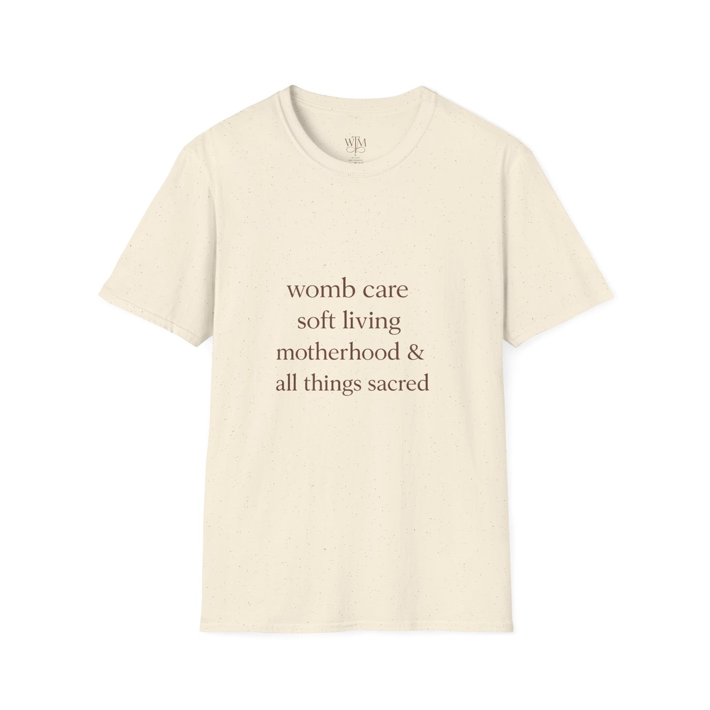 Motherhood Affirmation T-Shirt — “womb care soft living motherhood & all things sacred”