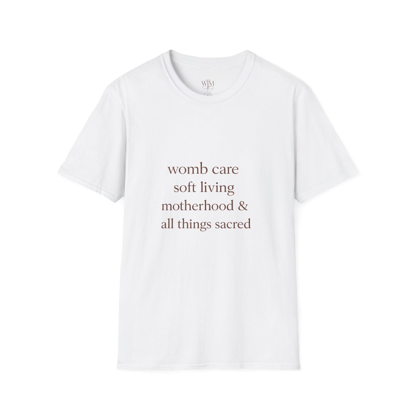 Motherhood Affirmation T-Shirt — “womb care soft living motherhood & all things sacred”